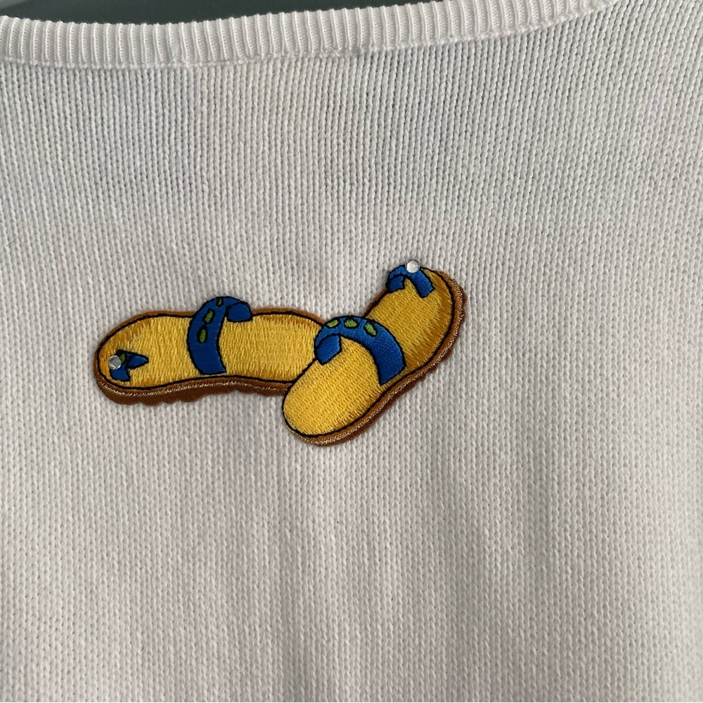Tia Designs White Flip Flop Beach Embroidered Button Front Cardigan Sz L - Picture 9 of 10